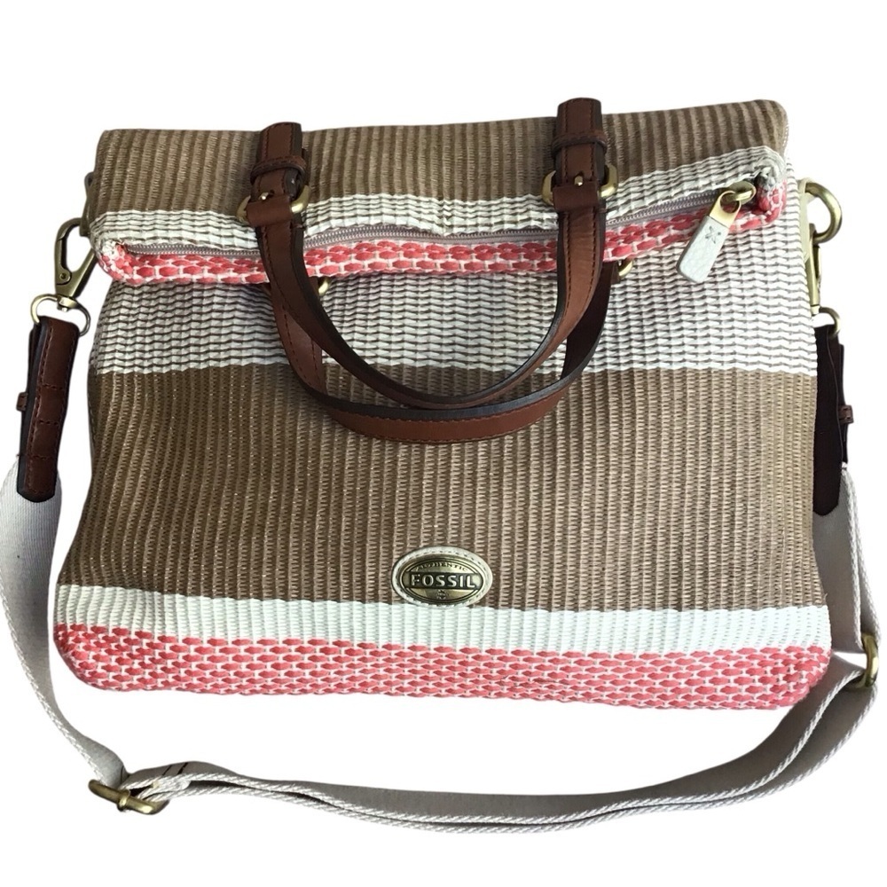 Fossil Explorer Foldover Straw and Leather Messenger Crossbody Tote Bag